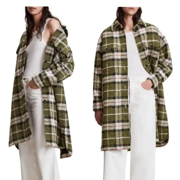 New AllSaints Tia Wool Blend Green Plaid Coat Size 2 - Picture 1 of 12